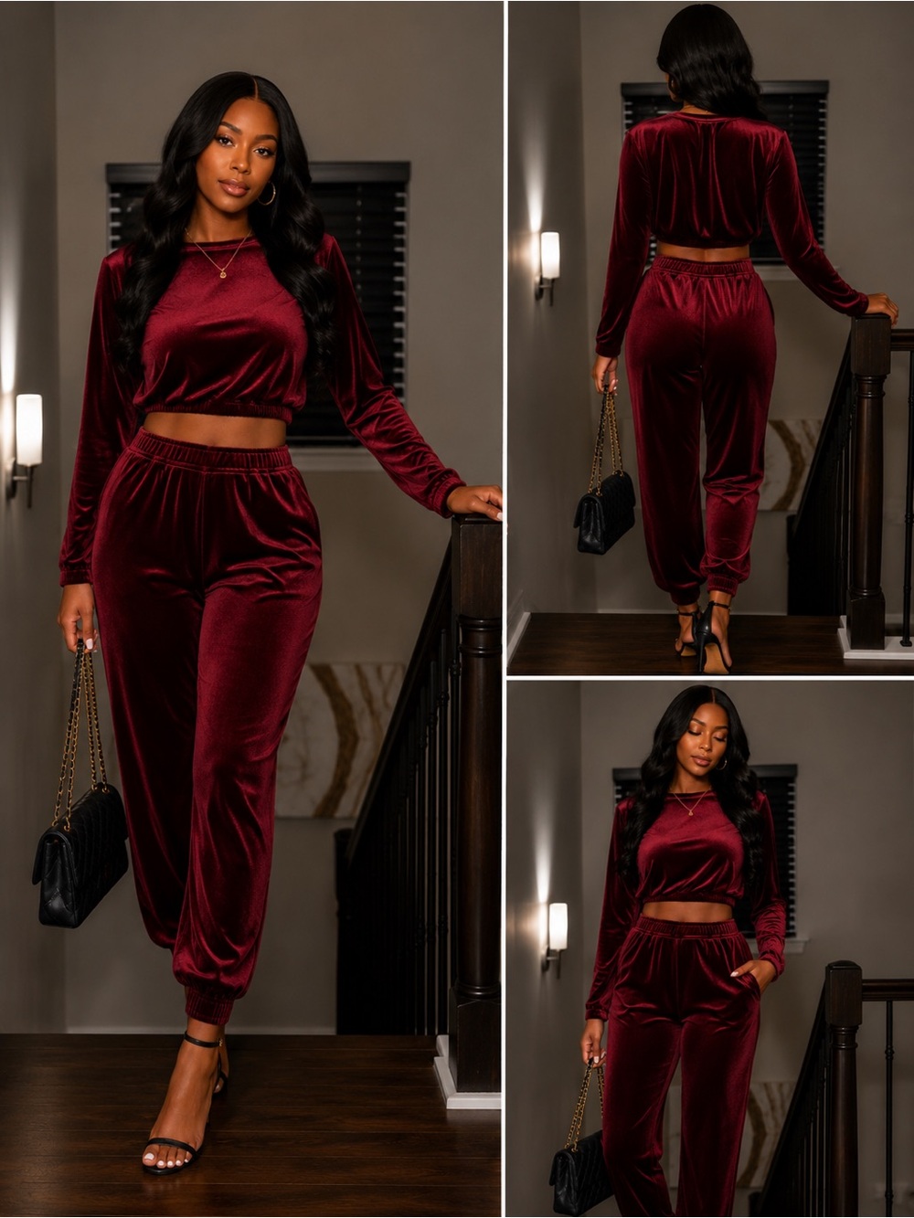 Bozzolo Burgundy Velvet Crop Sweatshirt & Joggers Set